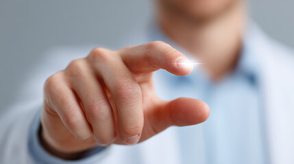 Obraz premium Doctor hand showing future tech in medical field with focused precision on virtual user interface display