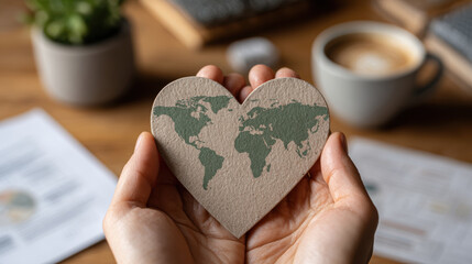 Caring hands hold heart with world map showing team social impact and commitment to global sustainability