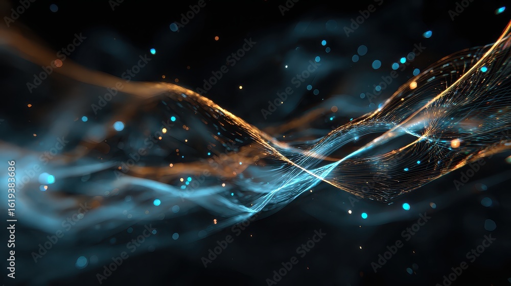 Poster flowing data streams with glowing particles on a dark backdrop