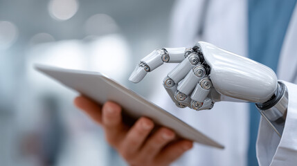 Focused robot hand with doctor using tablet tech in medical field. Futuristic ai and human interaction for future healthcare