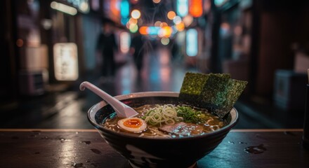 A bowl of ramen with egg and seaweed on a counter in a restaurant at night with blurry lights