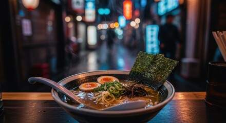 A close up shot of ramen bowl with eggs and seaweed on a table in a restaurant at night