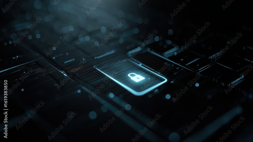 Poster glowing padlock on keyboard button, cybersecurity and data protection