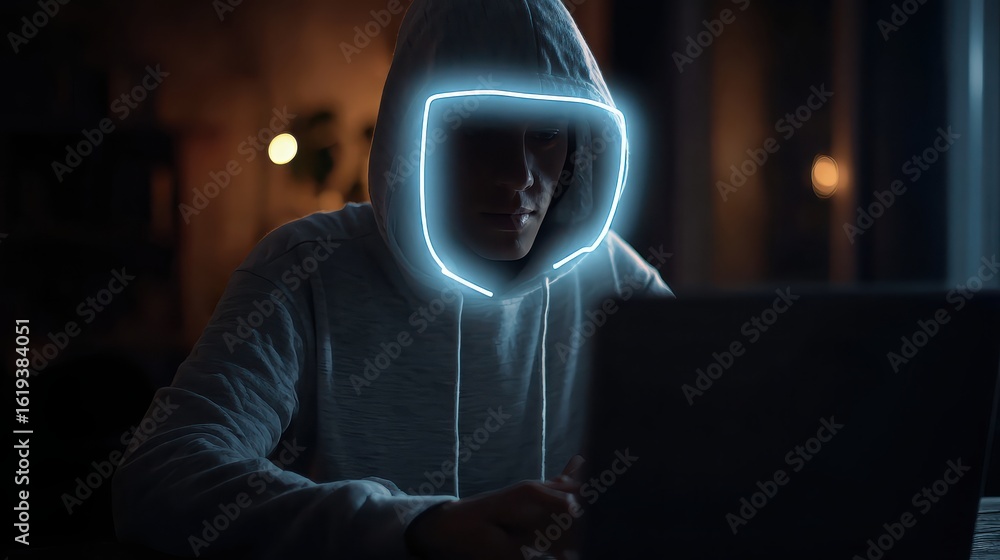 Aufkleber hacker with glowing mask using laptop for cybercrime in the dark