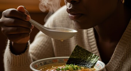 Close up of a person eating steaming ramen with a spoon in a cozy restaurant setting indoors