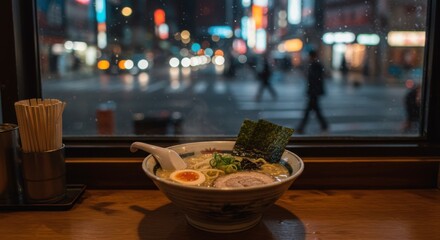A bowl of ramen sits on a wooden table in front of a window overlooking a city street at night