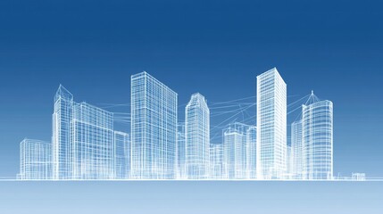 Fototapeta premium Architectural wireframe illustration of a modern city skyline against a blue gradient background