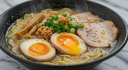 A steaming bowl of ramen with eggs, pork, bamboo shoots, and green onions in a black bowl