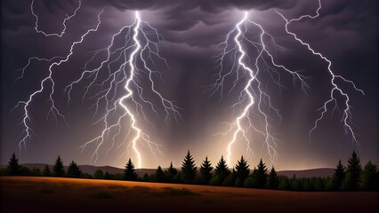 Dramatic double lightning strike illuminates a dark stormy sky over a silhouetted forest landscape