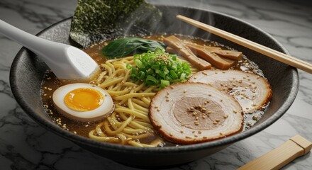A steaming bowl of ramen with pork slices, egg, seaweed, and chopsticks on a marble surface