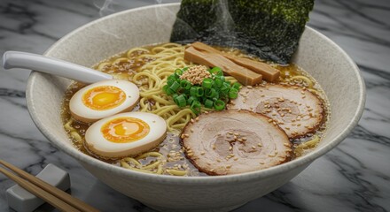 A close up shot of a bowl of ramen with eggs, pork, and seaweed on a marble surface top view