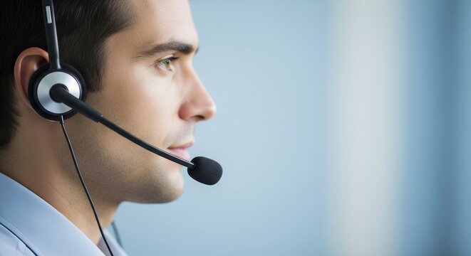 Professional man wearing headset, ready to assist clients with clear communication and excellent service.