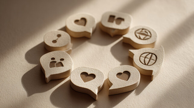Social team communication has positive impact. Wooden blocks with global communication icons show connection and feedback