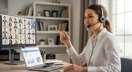 Confident businesswoman leads engaging video conference meeting with global team, sharing insights.