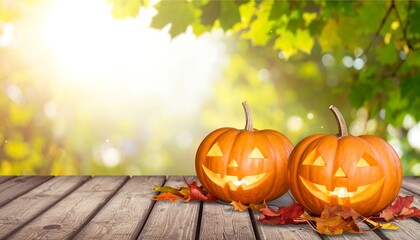 Two carved pumpkins glow on a rustic wooden surface, autumn leaves scattered nearby, with a blurred autumnal background