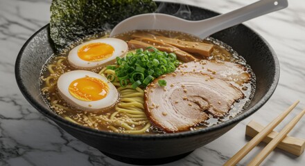 A steaming bowl of ramen with eggs, pork, seaweed, and green onions on a marble countertop