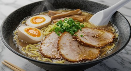 A steaming bowl of ramen with pork slices, soft boiled egg, and bamboo shoots on a marble surface