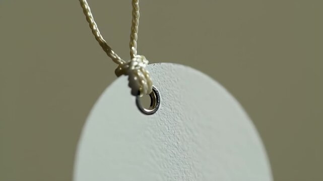 Close Up of White Oval Tag Hanging From a Knotted String on Beige Background