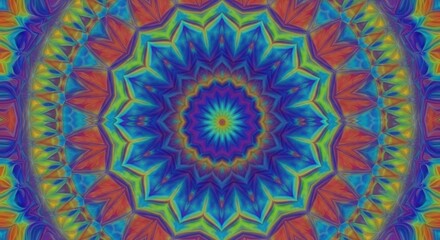 Intricate psychedelic mandala design featuring a starburst pattern with vibrant blue green and red hues