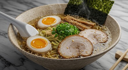 A close up shot of a bowl of ramen with eggs, pork, and seaweed, served with a spoon on the side