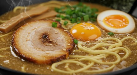 A close up shot of a bowl of ramen with egg, pork, and noodles in broth with steam rising up