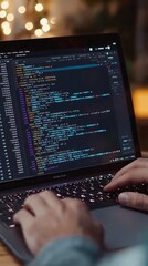 Close-up view of hands typing code on a laptop.