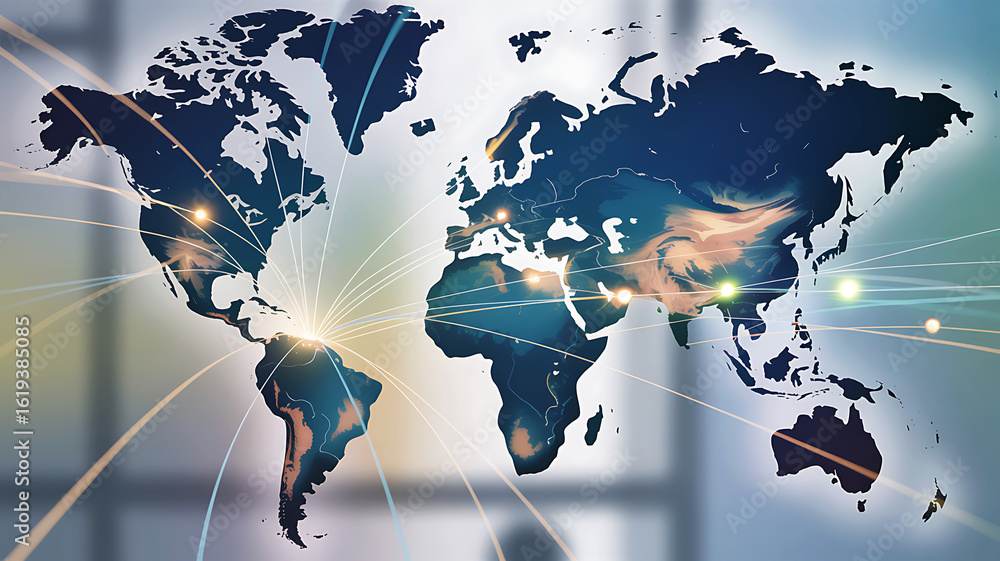 Poster global network of connections and communication across the world map