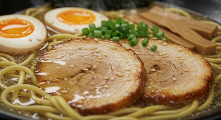 A close up shot of a bowl of ramen with pork slices, eggs, and green onions on top of noodles