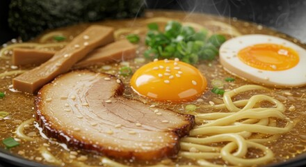 A close up shot of a bowl of ramen with pork, egg, noodles, and green onions on top, delicious