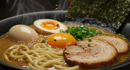 A close up shot of a bowl of ramen with eggs meat and broth with liquid being poured on top