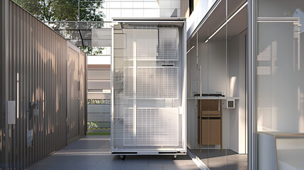 View of a modern building with a glass facade and a movable structure with a grid pattern outside it .