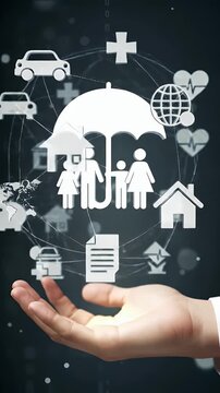 Comprehensive insurance services concept. Digital hologram displays icons for family, life, health, auto, and home protection held in a hand