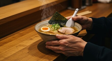 A steaming bowl of ramen held in hands on a wooden counter with a spoon inside the bowl