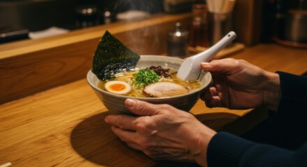 Person holding a bowl of ramen with egg pork seaweed and green onions on a wooden counter top