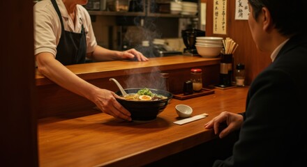 Server presenting a steaming bowl of ramen to a customer at a wooden restaurant counter top
