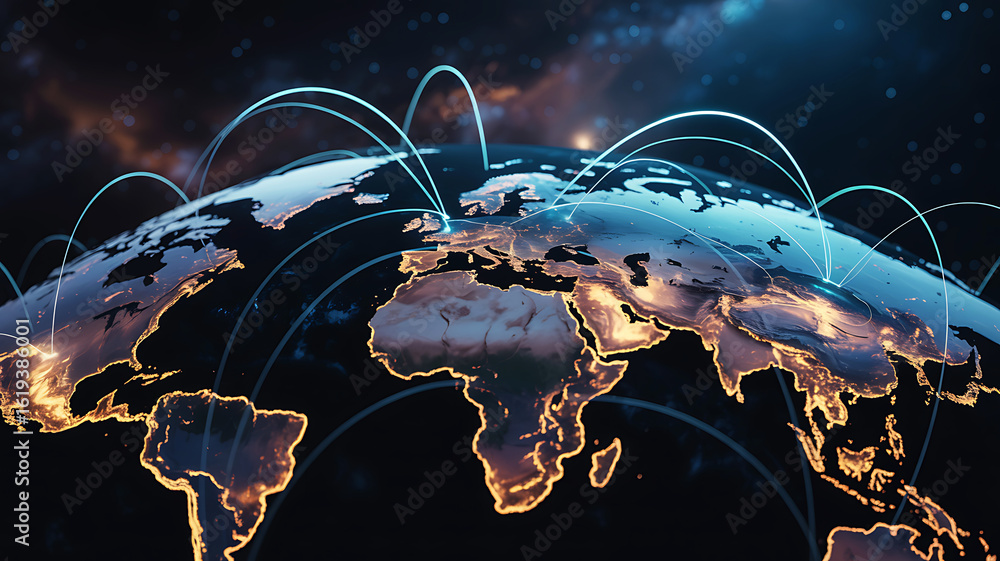 Poster global network connections and digital data flow around the earth