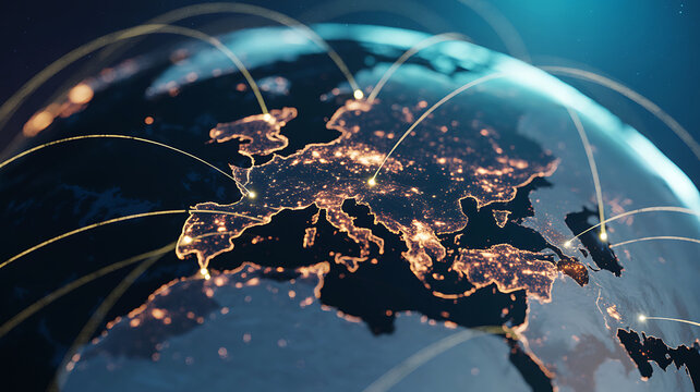 Glowing global network connecting europe with light trails