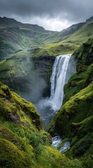 Waterfall cascade in Iceland; lush green hills in the background. Nature tourism