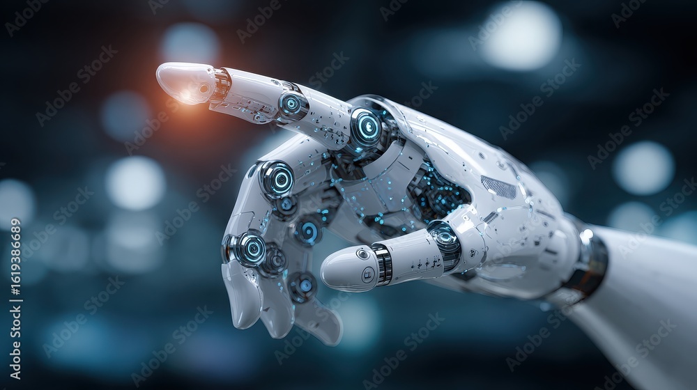 Poster robotic hand pointing with advanced technology on blurred background