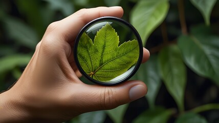 A hand holding a magnifying glass over a leaf 