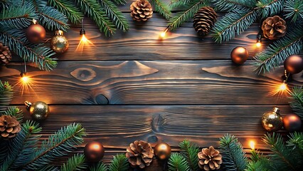 Festive Christmas background with pine branches ornaments pine cones and string lights