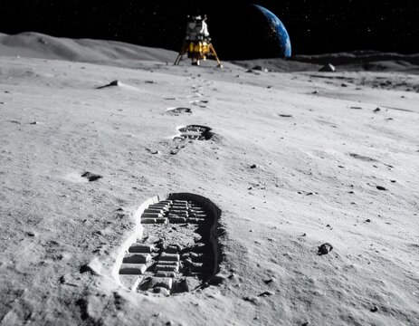 Human footprint on Moon surface with lunar lander and Earth - Powered by Adobe