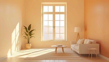 Bright minimalist livingroom with white sofa, plant, and window