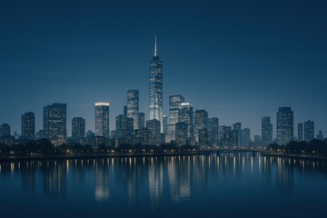 Urban Silhouette: A breathtaking cityscape, illuminated by a dark blue twilight. The buildings reflect in the calm water, creating a mesmerizing urban landscape.