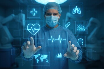 Technological Surgeon in the Operating Room: An advanced surgical scene, where a skilled surgeon interfaces with medical digital interfaces, offering a look into the fusion of technology and health.