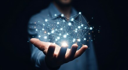 Photo of a hand holds a glowing digital network, representing technology and connectivity