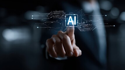 Rtificial intelligence with hand touching glowing AI icon, technology