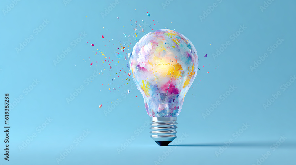 Poster a colorful light bulb bursting with creativity, symbolizing innovative ideas and bright concepts. id