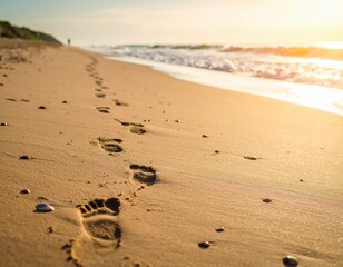 Footprints on sandy beach at sunset