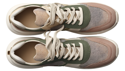 Top-Down Flat Lay of Earth-Tone Mixed-Material Sneakers with White Sole, Transparent Background.png